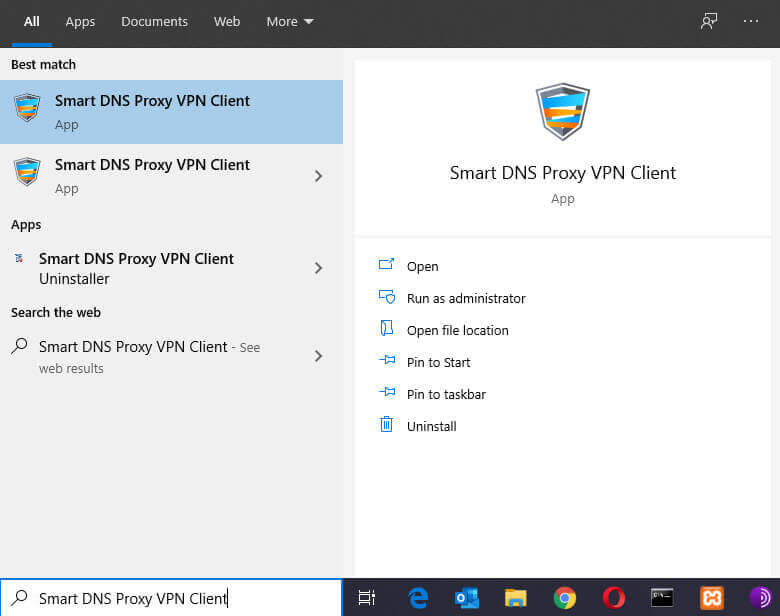 Search for Smart DNS Proxy VPN Client in Windows 10 Taskbar