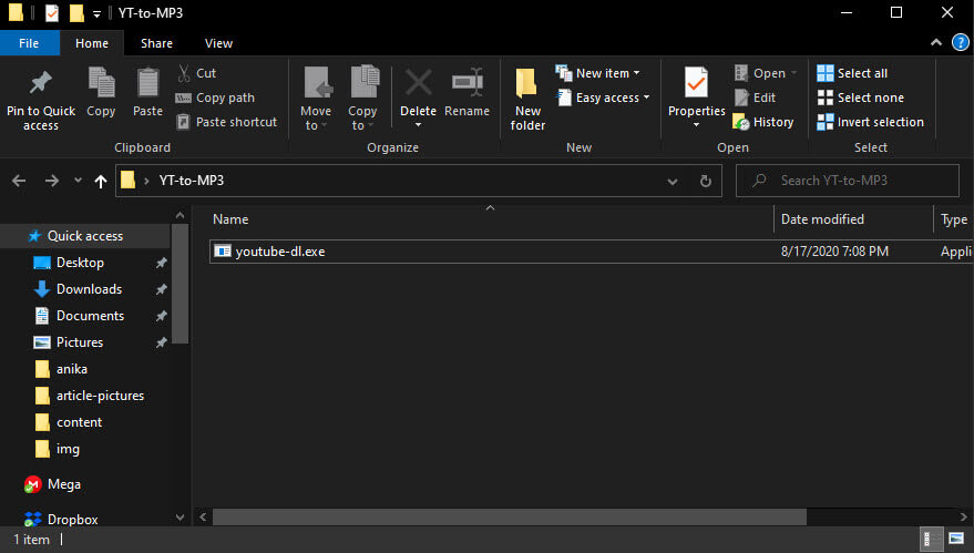 youtube-dl inside the youtube to mp3 folder on the desktop